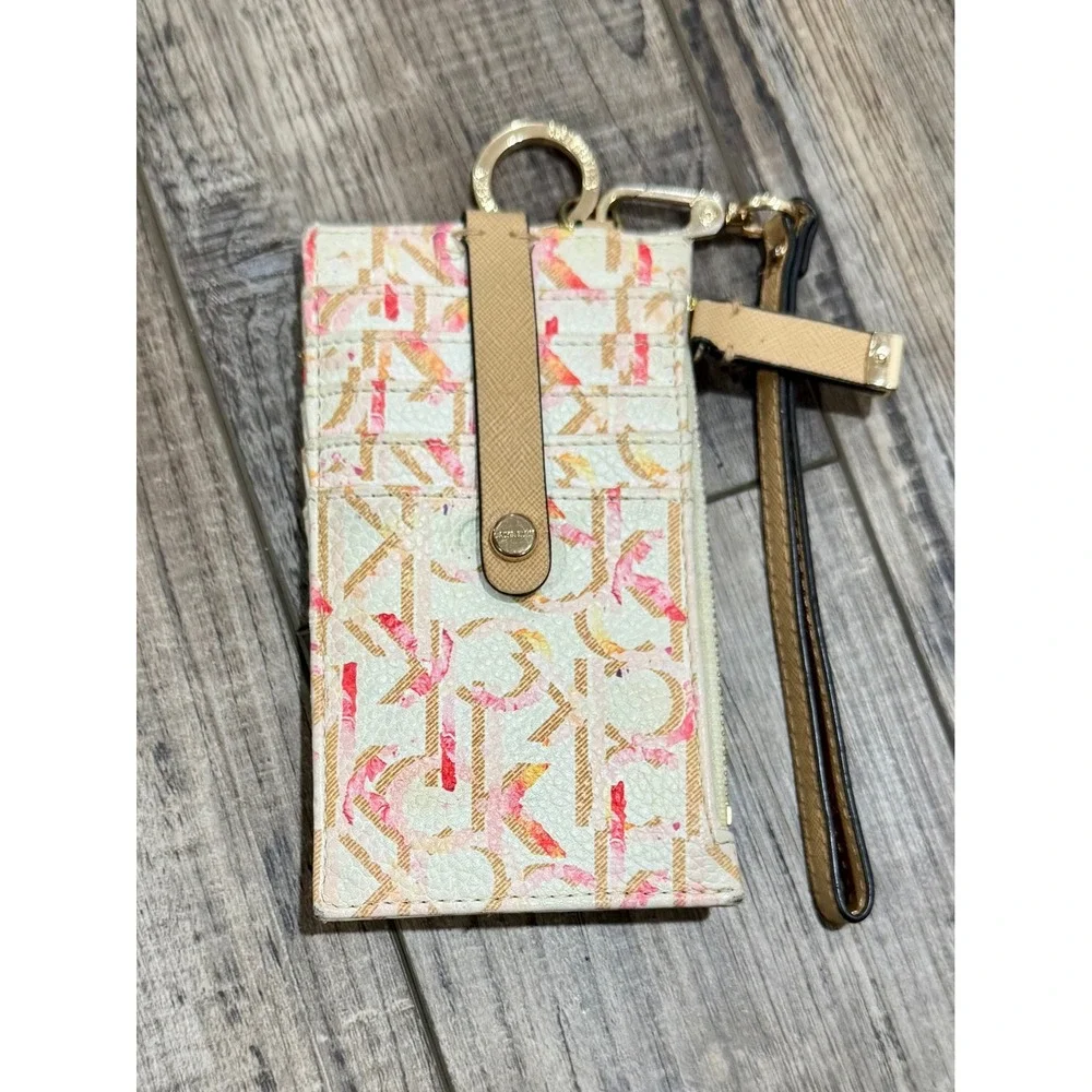Calvin Klein Monogram Logo Card Holder Zip Wallet with Wristlet Strap White Pink